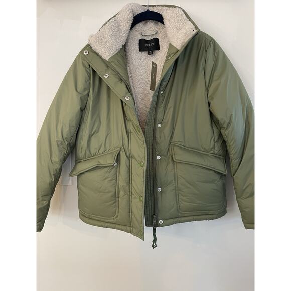 NWT J. CREW Retail $248 Women's SHERPA-LINED PUFFER JACKET SURPLUS GREEN Size XS - Picture 2 of 6